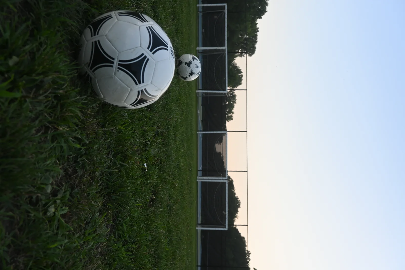 Balls on the field at sunset